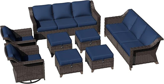 8 Pieces Patio Conversation Furniture Set - 2 Sofas, 4 Ottomans, 2 Swivel Chairs, 1 Side Table, Outdoor Wicker Furniture with Removable Cushions for Porch, Balcony, Sunroom (Blue)