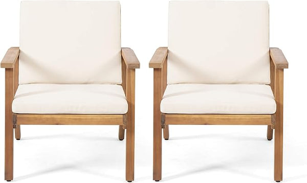 Christopher Knight Home Carlos Outdoor Acacia Wood Club Chairs with Cushions (Set of 2), Brown Patina Finish, Cream - Photo 1