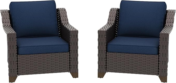 Patio 2 Pieces Wicker Chairs Set of 2,Outdoor PE Rattan Armchairs, Water-Resistant Cushions with Removable and Washable Covers, Porch, Balcony, Sunroom (Navy Blue)