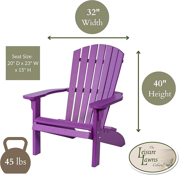 Leisure Lawns Poly Plastic Fanback Adirondack Chair, Outdoor Patio Chair - Amish Made in USA (Purple)