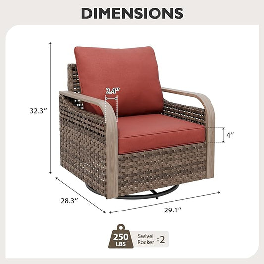 EAGLE PEAK Modern Wicker Outdoor Glider Rocking Chair, Swivel Rocker, Rattan Patio Furniture for Yard Deck Porch Garden, 2 Chairs, Brown/Red