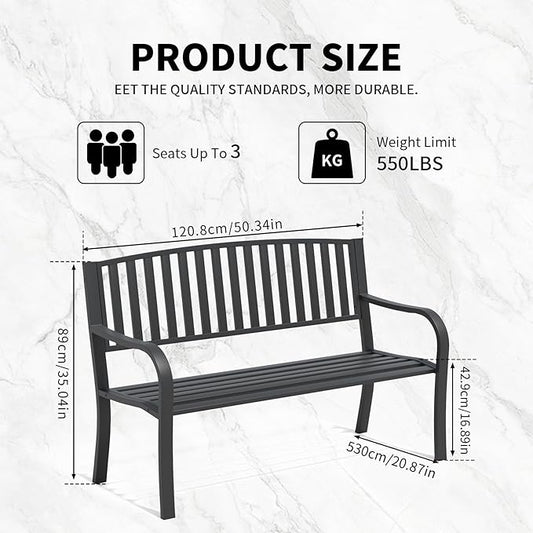 YLGJ&TIDY 50 Inches Garden Benches for Outdoor Patio Bench with Stripe Pattern Backrest Armrest Weatherproof Park Benches Metal Bench for Garden Park Porch Lawn Yard (BENCH08 2PCS)