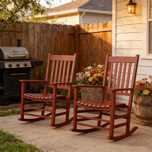2Pcs Wooden Rocking Chairs, Wood Classic Slatted Patio Porch Rockers for Porches, Backyards, Poolside Balconies, Decks(Red)