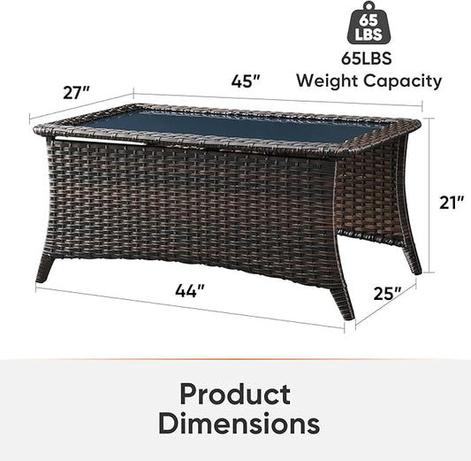 Outdoor Coffee Table - Patio Rattan Wicker Coffee Table with Tempered Glass Top Outdoor Table for Deck Porch Balcony Garden - Brown