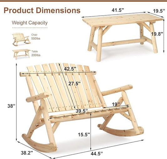 HOMEDIARY Outdoor Wood Rocking Bench Set, Patio Bistro Set-2 Person Rustic Adirondack Log Rocker with Side Table, Slatted Seat/High Backrest, Patio Rocking Furniture Set for Garden Backyard, Natural