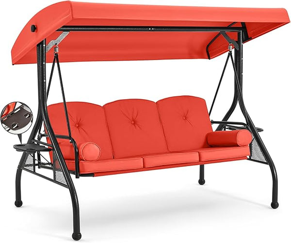HOMREST 3 Seat Outdoor Porch Swing with Adjustable Canopy, Convertible Patio Swing Bed with Stand, Patio Glider Swing with Upgraded Cup Holder, Thicken Cushions & Pillow for Backyard(Orange)