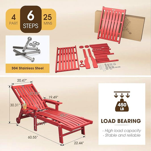THOEOE Patio Chaise Lounge Chair Set of 4, Oversized Lounge Chair Outdoor with 5 Positions, HDPE, Patio Lounge Chair with Wheels & Cup Holder for Pool, Deck, Poolside,Red
