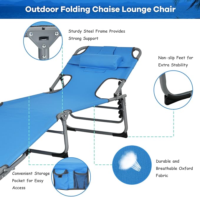 GYMAX Tanning Chair, Folding Beach Lounger with Face Arm Hole, Adjustable Backrest, Side Pocket, Pillow & Carry Handle, Outside Sunbathing Lounge Chair for Patio, Poolside, Lawn (2, Navy)