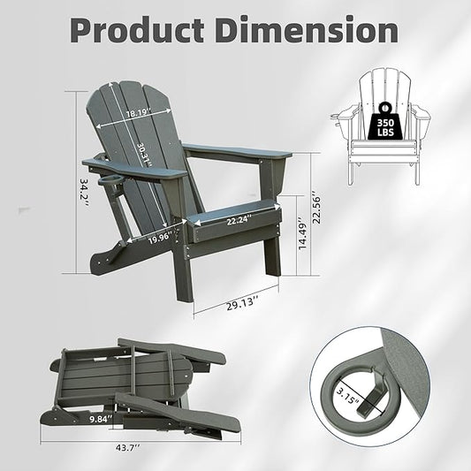 Domi Folding Adirondack Chairs Set of 6, HDPE All-Weather Outdoor Chairs with Cup Holder, Wooden Textured Fire Pit Chairs for Backyard, Patio, Poolside & Deck, Grey