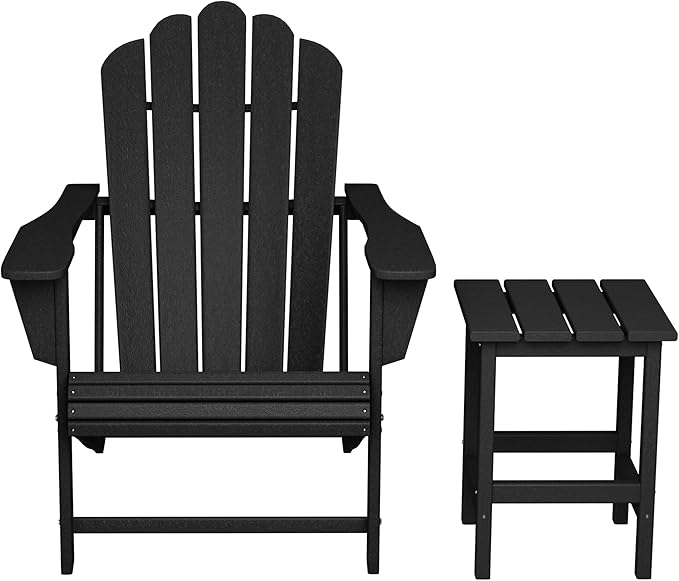 Costaelm Lakeview Outdoor Patio HDPE Adirondack Chair with Cup Holder and Table Set, Black
