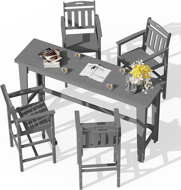 Ciokea Outdoor Bar Height Table Set of 5, 60" Extra Long Rectangle High Top Table and 4 Oversized Adirondack Chairs Set - Photo 1