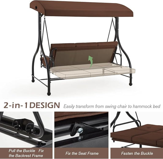 AECOJOY Porch Swing Chair, 3 Seats Porch Swing Adjustable Backrest & Canopy Outdoor Swing with Stand Patio Swing Bed with Removable Brown Cushions