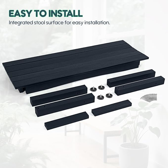 Weatherproof HIPS Outdoor Bench, 2-Person Patio Dining Bench, All-Weather Poly Lumber Garden Bench, Never Rot or Fade, Park Bench with Wood Grains for Porch, Garden, Deck, Entryway, Black
