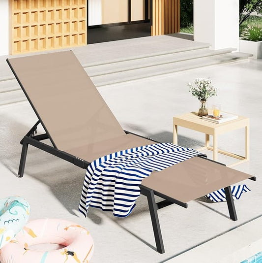 AECOJOY Patio Lounge Chairs for Outside, Adjustable Outdoor Chaise Lounge with Wheels and Adjustable 5-Position Recliner for Pool, Beach, Backyard, Deck, Lawn, Khaki