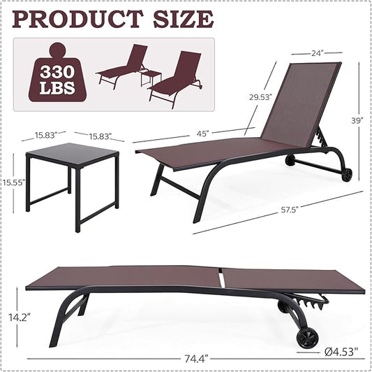 EROMMY Patio Chaise Lounge Chair Set of 2 with Table, Adjustable Backrest & Wheels, Oversized 26" W Outdoor Poolside Recliners for Garden, Deck, Lawn, Backyard