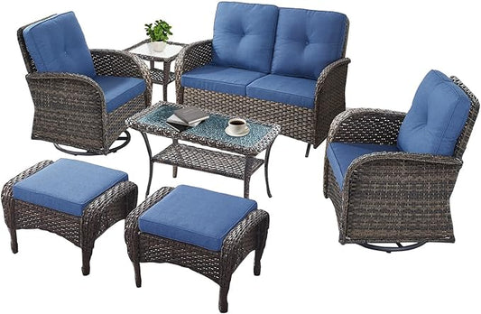 7 Pieces Patio Furniture-Patio Swivel Chairs Set of 2 Outdoor Glider Bench Rocking Chair with Patio Ottomans Patio Conversation Sets for Deck Porch Garden Balcony Poolside-Brown/Blue