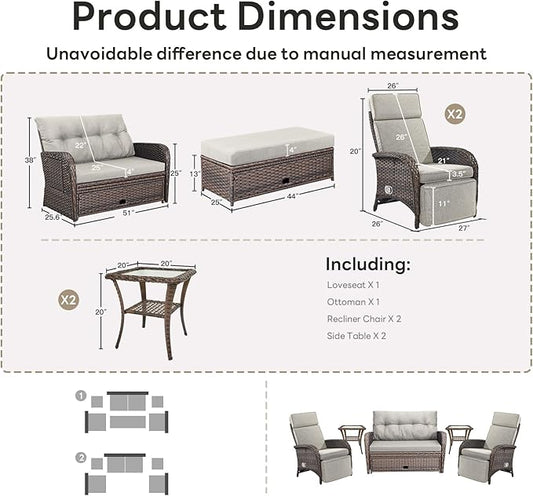 Belord Patio Furniture Set - 6-Piece Wicker Loveseat Outdoor Daybed Furniture Set with Recliner Lounge Chairs Set of 2 and Side Table, All-Weather Outdoor Patio Conversation Set for Deck Pool Backyard