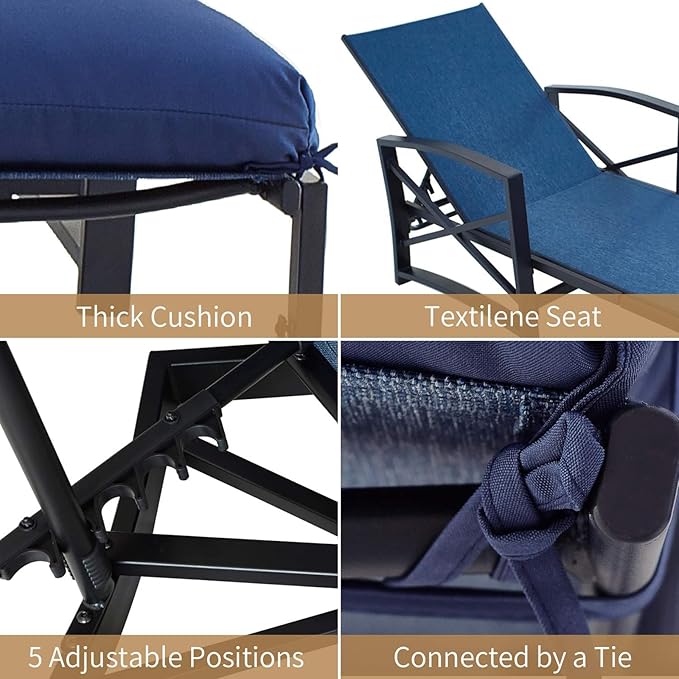 PatioFestival Patio Lounge Chair Cushioned Textilene Chaise Lounger Outdoor with Adjustable Back 3.1" Thickness Long Cushion All Weather Frame (Blue)