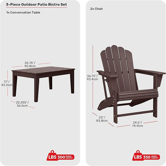 Costaelm Lakeview 3-Piece Adirondack Chairs with Cup Holders and Coffee Table Set, Dark Brown