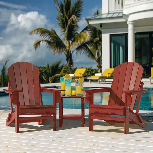 Folding Adirondack Patio Chairs, HDPE Fire Pit Chairs Weather Resistant, Outdoor Adirondack Chair with Cup Holder and Umbrella Hole, Wood Texture, Dark Red