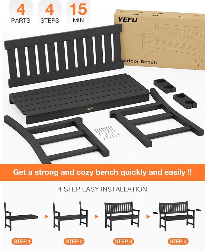 YEFU Outdoor Bench for Patio Waterproof: Heavy Duty 2-Person Garden Bench with 2 Cup Holders & Oversized Seating - HIPS Weatherproof Patio Benches for Front Porch Backyard Park, Black