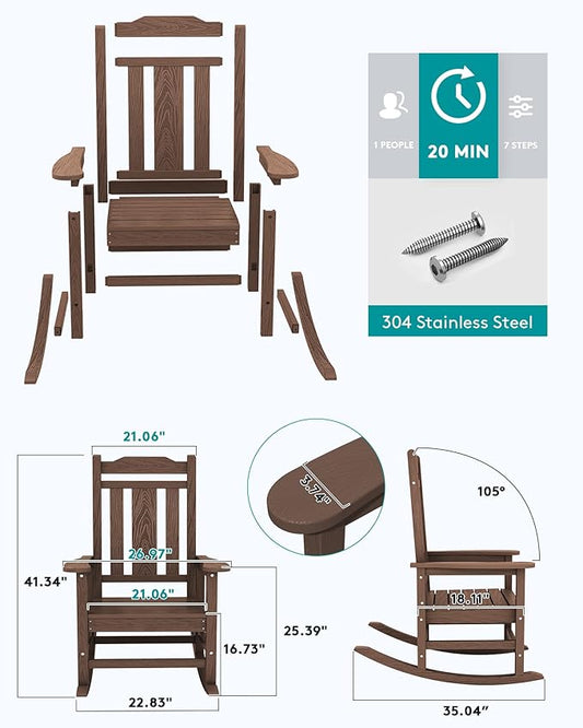 SERWALL Outdoor Rocking Chair Set of 8, HDPE Rocking Chair Outdoor for Adults, Heavy Duty Front Porch Rocker, Coffee