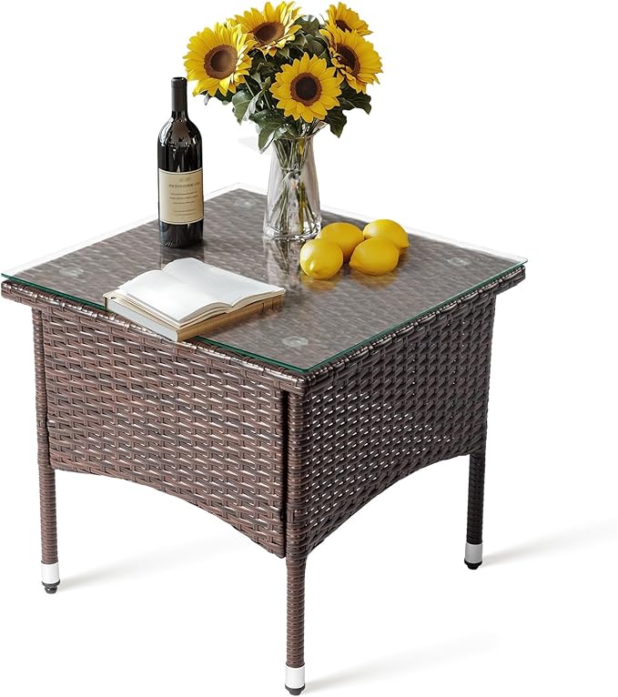 VINGLI Outdoor Wicker Side Table Patio Side Tables for Outside, Tempered Glass Top Wicker Table End Table for Balcony Porch Deck, Brown