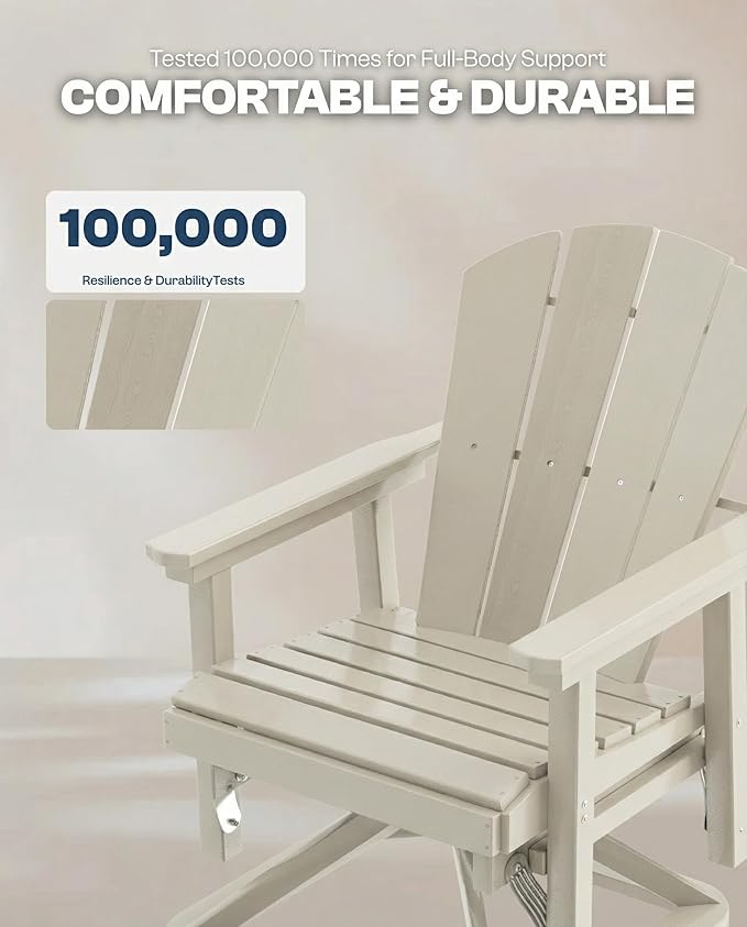 HDPE Swivel Glider Chair Outdoor, Weather Resistant Adirondack Outside Rocking Chair, Wooden Textured Outdoor Swivel Chair Set of 4 for Porch, Balcony, Poolside, Backyard (White)