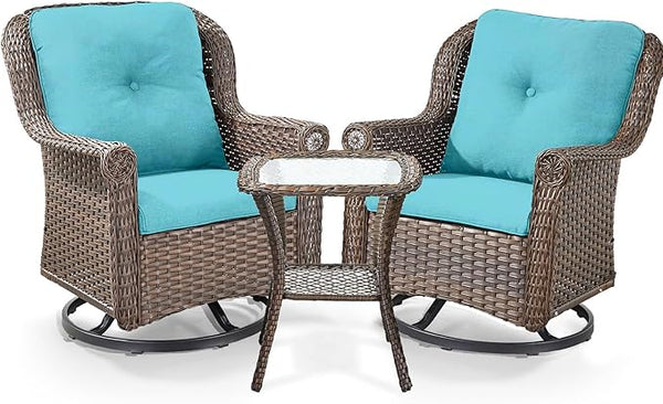 3 Piece Patio Swivel Chairs and Side Table Set - High Back Outdoor Brown Wicker Rattan Rocking Glider with Thick - Photo 1