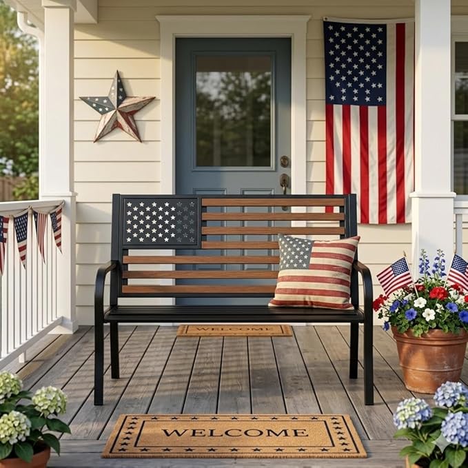 45.7 Inch American Flag Outdoor Bench - Patriotic Stars and Stripes Garden Bench with Heavy Duty Cast Iron Frame & Weather Resistant Steel Slats - Rustic Porch Furniture for Backyard, Memorial