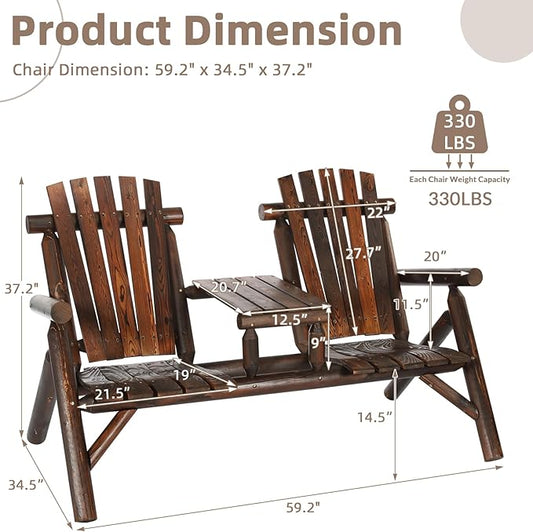 Outdoor 2-Person Wooden Adirondack Bench, Conversation Furniture Set with Patio Rustic Loveseat & Built-in Table, Carbonized Garden Bench Fire Pit Chair for Backyard Porch Pool Deck