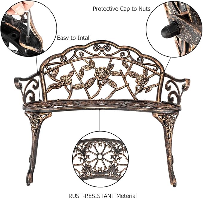 38.5" Patio Park Garden Outdoor Metal Rose Bench,Cast Iron Cast Aluminium Frame Antique Finish Chair,Accented Lawn Front Porch Path Yard Decor Deck Furniture for 2 Person Seat(Bronze