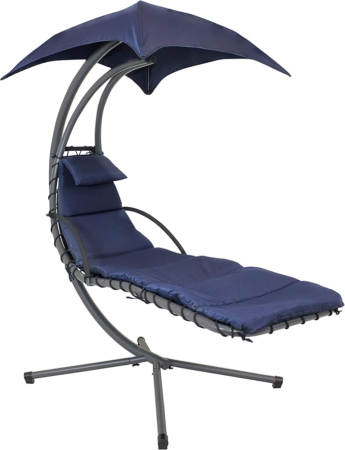 Sunnydaze Floating Chaise Lounger Swing Chair with Umbrella Canopy - Curved Steel Hammock Lounge Chair with Cushion and Pillow - Removable Cushion and Umbrella Shade - 82-Inch Tall - Navy Blue