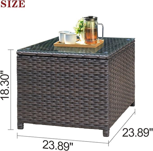 ovios Outdoor Side Table with Tempered Glass Top, Patio Wicker Coffee Table, Rattan Bistro End Table for Porch Deck Balcony Garden Poolside, Brown