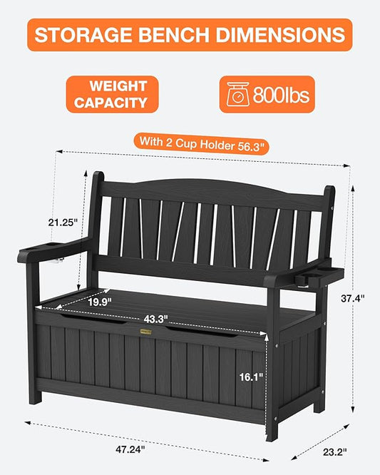 YEFU Outdoor Storage Bench for Patio: Heavy Duty Garden Bench Set of 2 with 96° High Backrest & Oversized Seating - HIPS Weatherproof Patio Bench with Storage for Porch Park Backyard, Black