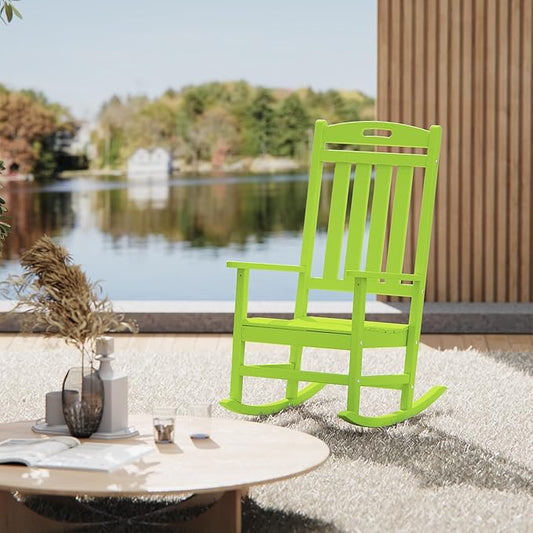 Outdoor Rocking Chair Set of 4, High Back HDPE Patio Chair, All Weather Porch Rocker, Lawn Chair for Deck, Porch, Backyard, Garden, Lime