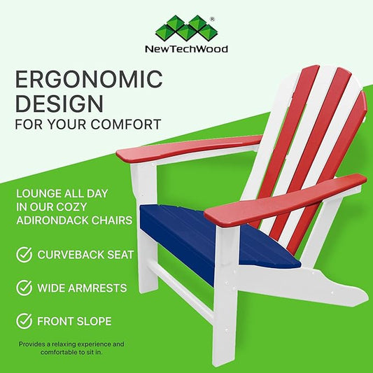 NewTechWood Atlantic Classic Curveback Plastic Weather Resistant Patio Adirondack Chair, Easy Installation, Widely Used in Outdoor, Fire Pit, Deck, Lawn, Outside, Garden Chairs (Patriot)
