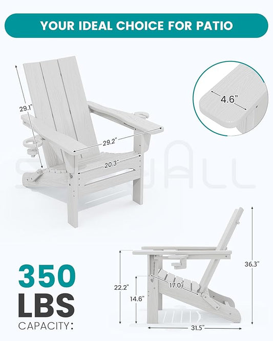 SERWALL Modern Folding Adirondack Chair Set of 4, All Weather Resistant Outdoor Adirondack Chair with Cup Holders, HDPE Adirondack Chair for Patio Lawn Garden, White