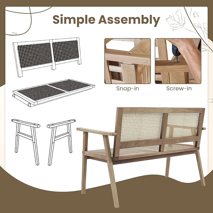 Tangkula Outdoor Teak Wood Garden Bench, 2-Person Patio Bench with Armrests, Rattan Backrest & Seat, Patio Garden Bench for Porch, Lawn, Balcony and Backyard, Natural