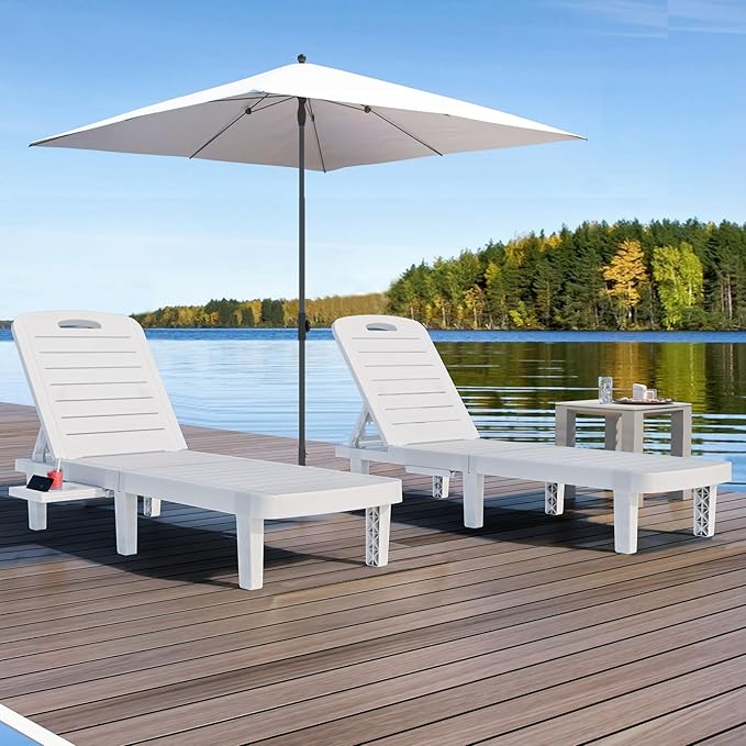 CDCASA Outdoor Chaise Lounge Set of 4, Pool Lounge Chairs w/5 Adjustable Positions & Side Tray, Waterproof Resin Lounges for Poolside,Yard,Garden,Sunbathing, for All Weather, White