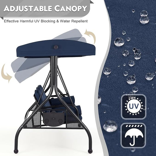 HOMREST 3 Seat Outdoor Porch Swing with Adjustable Canopy, Convertible Patio Swing Bed with Stand, Patio Glider Swing with Upgraded Cup Holder, Thicken Cushions & Pillow for Backyard (Blue)