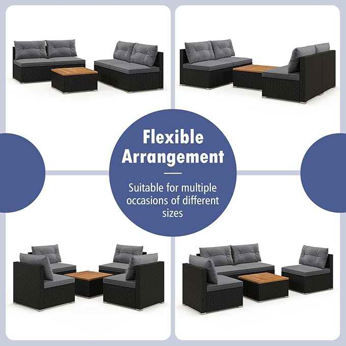 Tangkula 5 Piece Rattan Sofa Set, Outdoor Wicker Furniture Set w/Seat & Back Cushions, Square Coffee Table, Patio Sofa Set for Backyard, Poolside (Grey)