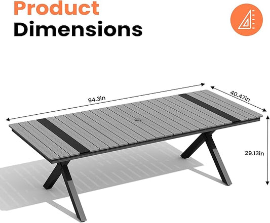 Pellebant 94" Outdoor Dining Table for 8-10, 8ft Aluminum Patio Table with Umbrella Hole, Weather Resistant Grey Wood Grain Tabletop and Sturdy Frame for Deck, Porch, Backyard