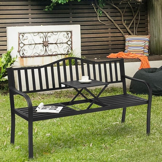 HAPPYGRILL Outdoor Garden Bench Metal Patio Loveseat Benches with Pullout Table for Yard Lawn Porch