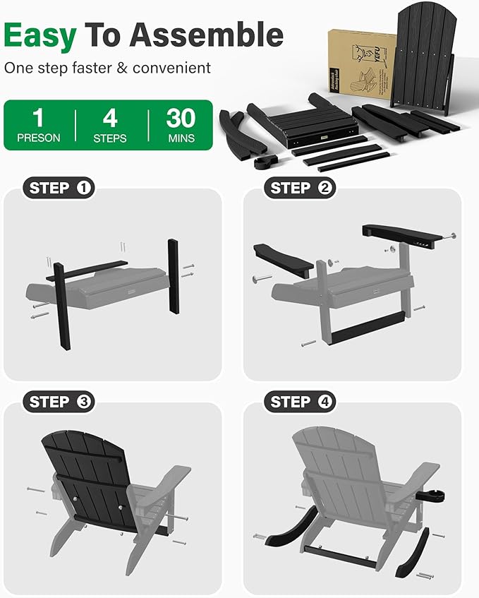 YEFU Outdoor Rocking Chairs Set of 2, Adirondack Chair with Retractable Ottoman, Adjustable Adirondack Rocking Chair,Rockings Chairs Outside,Weather Resistant,for Patio,Porch,Lawn,Heavy Duty,Black