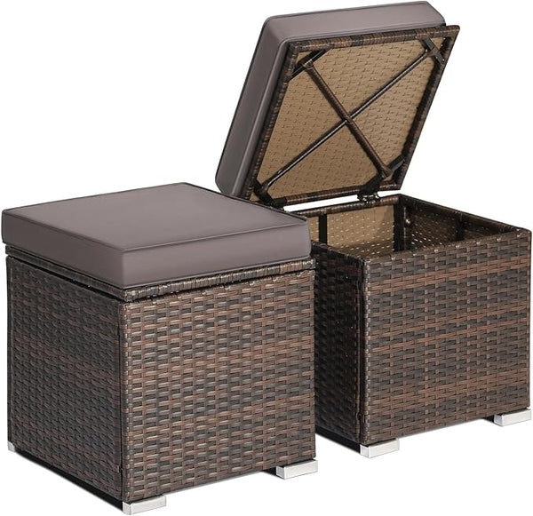 RELAX4LIFE Wicker Outdoor Storage Ottoman, 2-Piece Rattan Footstool w/Removable Cushion - Photo 1