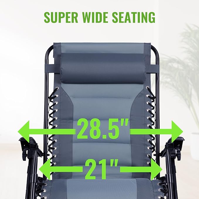 Backyard Expressions Deluxe XL Padded Recliner Zero Gravity Chair – Ergonomic Anti-Gravity Lounger with Folding Design, Side Tray, and Adjustable Headrest