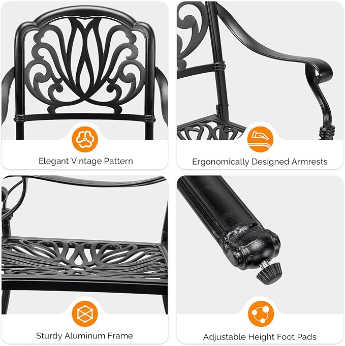 VINGLI Patio Chairs Set of 2 - Stackable Outdoor Cast Aluminum Dining Chairs with Vintage Black Finish and Floral Pattern, Metal Armchairs for Poolside, Backyard, Balcony (with Cushion)