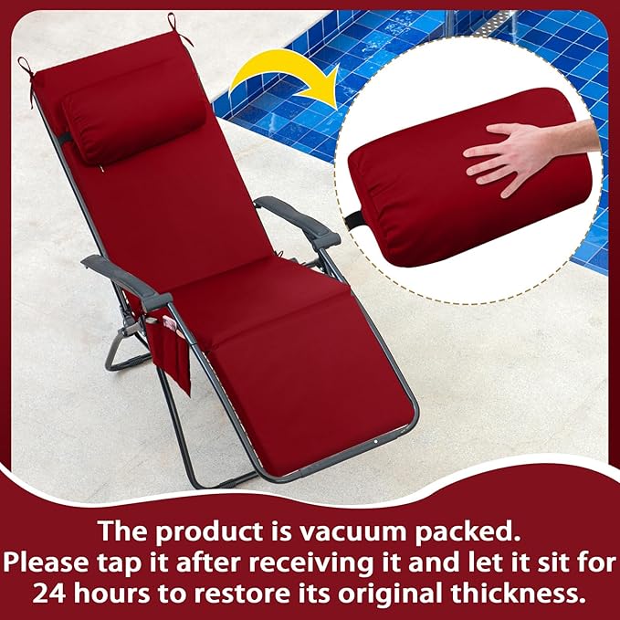 RattanView 2 Pcs Outdoor Chaise Lounge Cushion with Pillow and Side Pockets Waterproof Lounge Chair Cushions for Outdoor Furniture Patio Lounger Pad for Outside Pool Lawn (Brick Red,72 x 21 x 4)