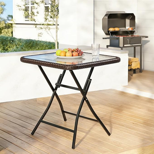 VINGLI 23.6in Modern Brown Rattan Folding Glass Outdoor Side Table, Small Patio Table with Tempered Glass Top,Rectangular,1 Pack